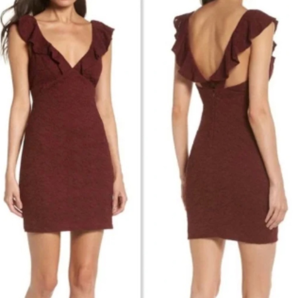 Lulus Burgundy Ruffle Neck Romantic Coquette Cap Sleeves Lace Mini Dress Size S